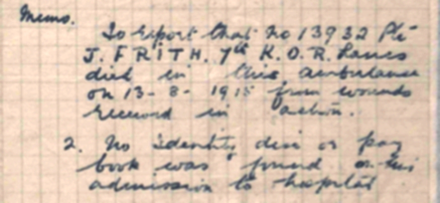 Pte. J. Frith – first casualty when William joined 7th Bn.